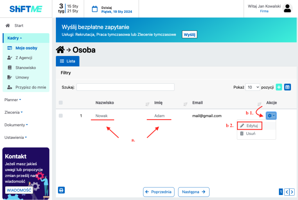 Ekran szczegóły pracownika Asystent HR