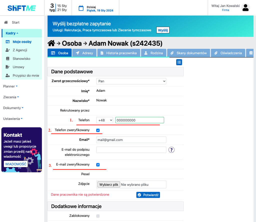 Ekran wprowadzania danych Asystent HR