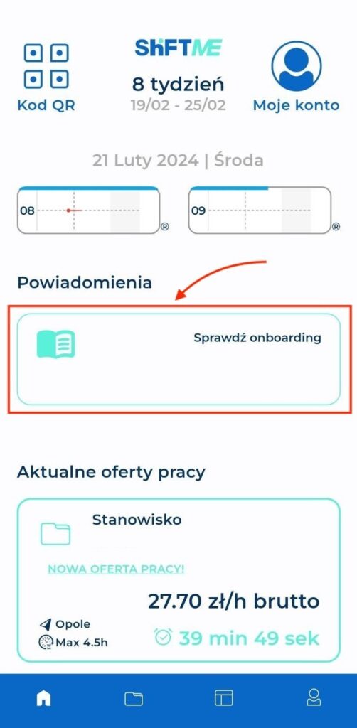 Ekran onboardingu pracownika w aplikacji ShiftME.