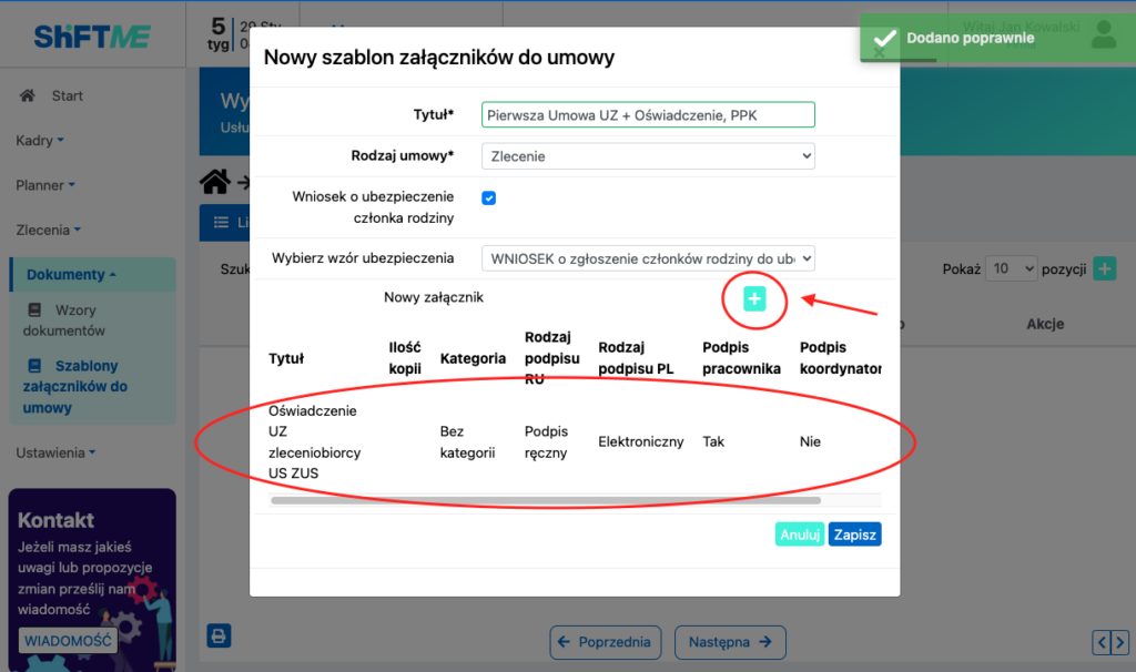 Ekran z dodanym załącznikiem Asystent HR