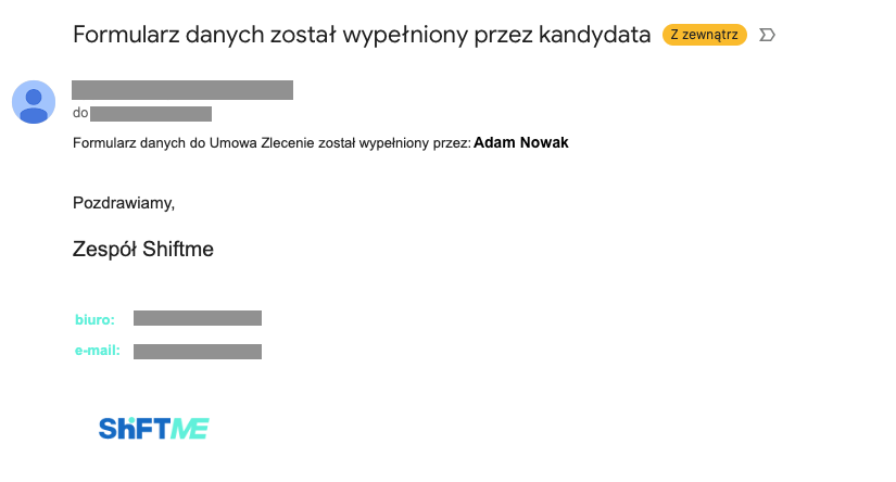 Ekran mail do kierownika Asystent HR