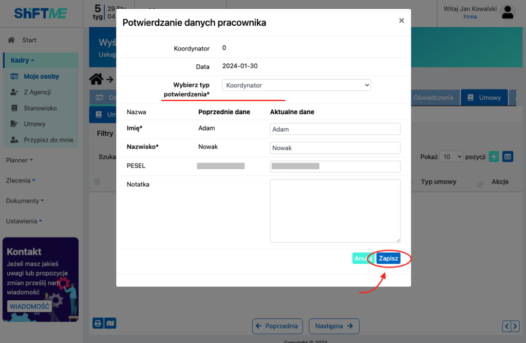 Ekran potwierdzania danych w Asystencie HR.