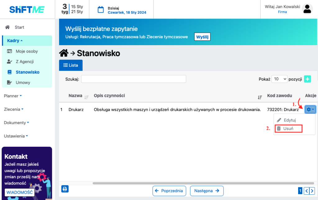 Ekran usuwania stanowiska pracy Asystent HR