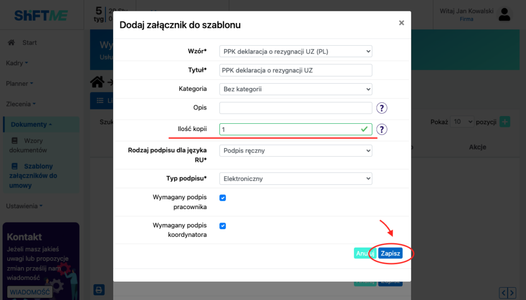 Ekran z ilością kopii w Asystencie HR.