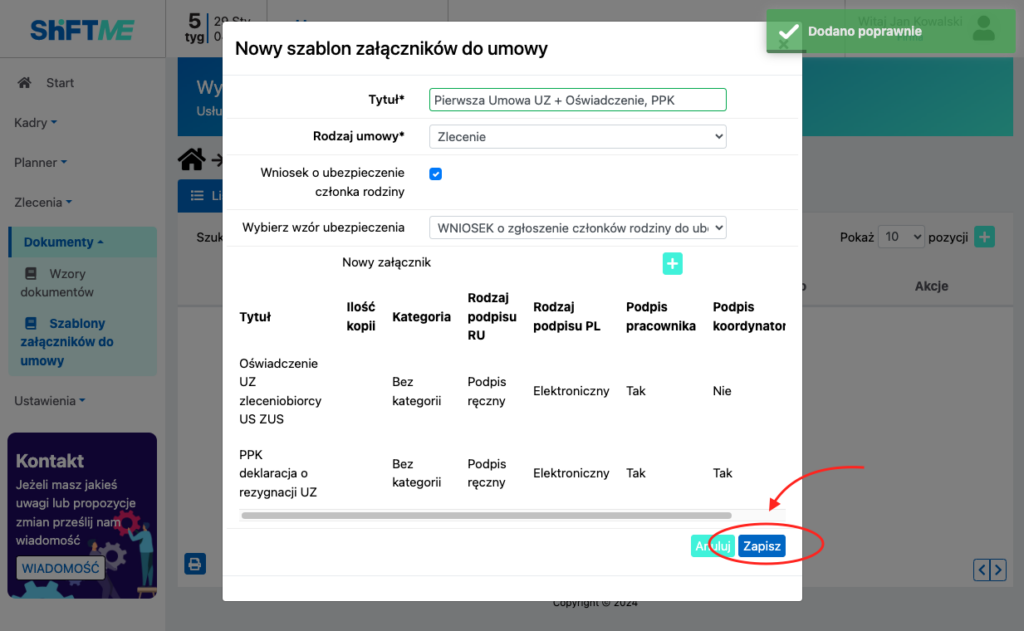 Ekran zapisu w Asystencie HR.